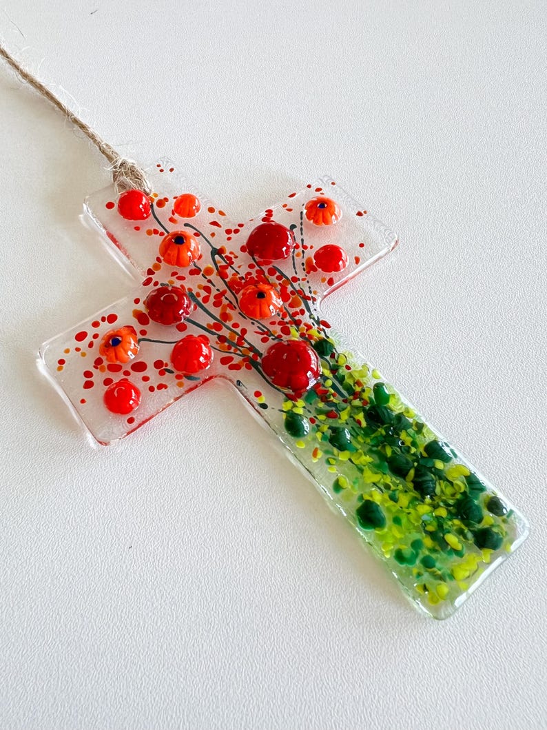 Flowers of Faith Ornament, Floral Cross Suncatcher, Daisy Flowers Glass Art, Fused Glass Cross, Gift for Mom